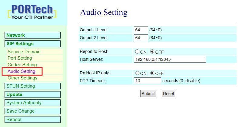 7.3.4 Audio Setting (related settings of sound output) Providing the settings of device volume level, size and status report Field Output 1 Level Output 2 Level Report to Host Host Server Rx Host IP