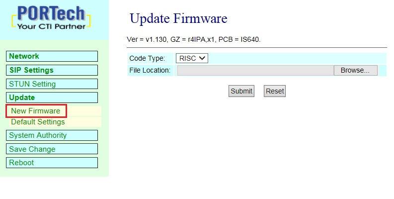 7.5 Update 7.5.1 New Firmware (firmware upgrade) Code Type File Location Submit[button] Reset [button] The default setting is Risc (.gz). Selecting the file type to update.