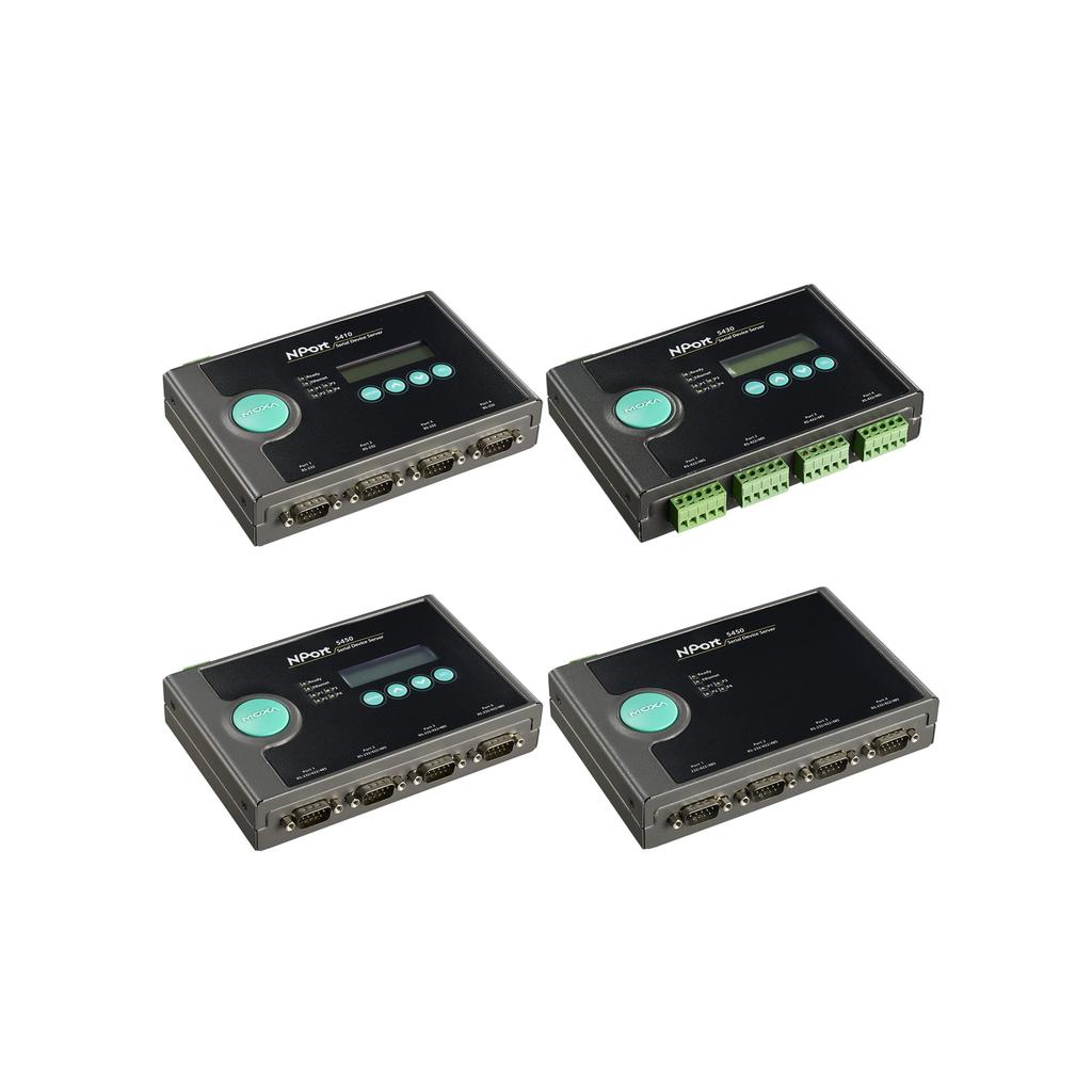NPort 5400 Series 4-port RS-232/422/485 serial device servers Features and Benefits User-friendly LCD panel for easy installation Adjustable termination and pull high/low resistors Socket modes: TCP