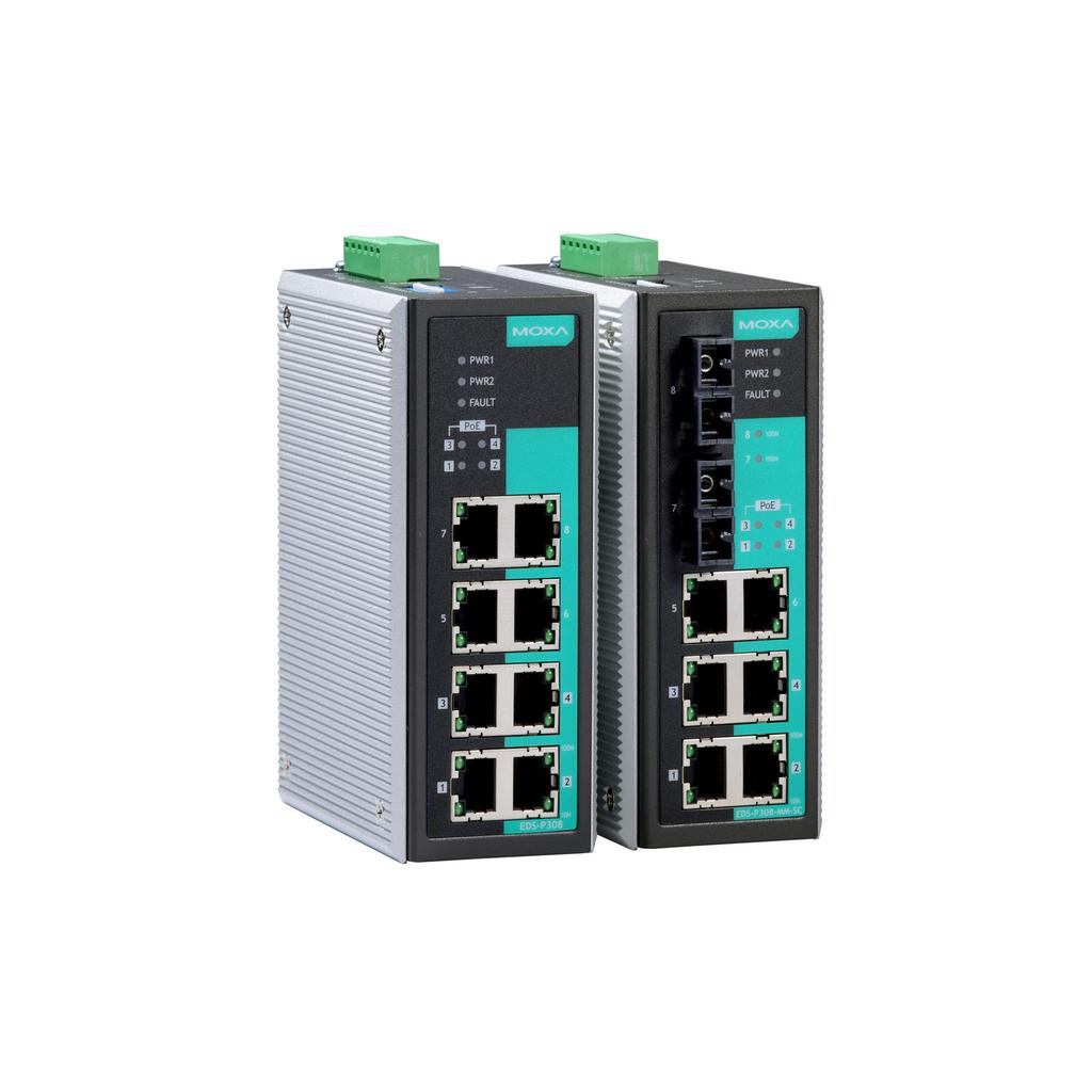 EDS-P308 Series 8-port unmanaged Ethernet switches with 4 IEEE 802.3af PoE ports Features and Benefits 4 IEEE 802.3af-compliant PoE and Ethernet combo ports Up to 15.