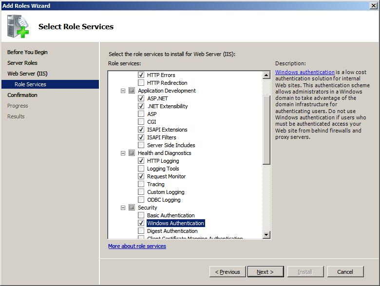 4. On the Select Role Services window, in addition to the defaults, add Role Services ASP.NET and Windows Authentication. 5.