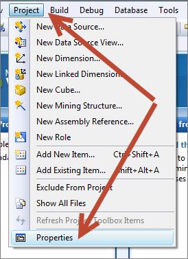 3) Once the Project is created, click on the Project menu and select the Properties option to set up the Target Areas (dataset folder, shared data source, deployment folder, etc.). 4) Verify/Select Output Paths.