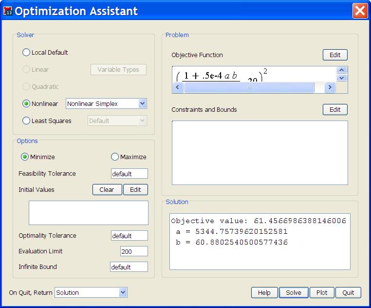 Figure 3 Minimization of sum of squares by the Optimization Assistant The Edit button is used to insert the Objective Function, and this can be referenced by its name,.