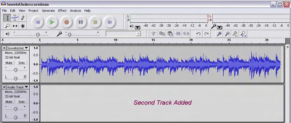 A click on New Audio Track creates an empty track. Next, copy the IntroESL510 sound track from the other Audacity to the Soweto copy of Audacity.