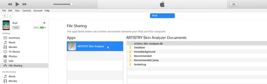 STEP 4 Copy the files from your ios device to your computer 1. In the left sidebar in itunes, click File Sharing 2. Select the ARTISTRY Skin Analyzer App 3. Drag and drop the.