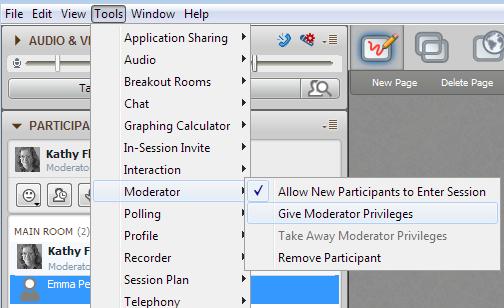 a. Alternatively, click once on the person s name, then click on the Tools menu. Select Moderator then choose Give Moderator Privileges. 3. Click on Yes to confirm this decision. 4.