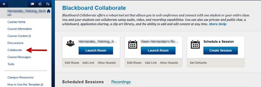 Create a New Session 1. Click on the Collaborate tool link now available on your course menu. You will see: 2. Click on the Create Session button. 3. Complete the form: a.