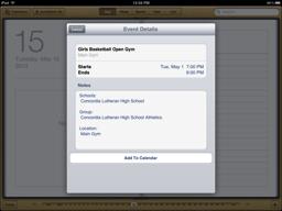 ipad calendar will open, just touch Done and Add To Calendar.