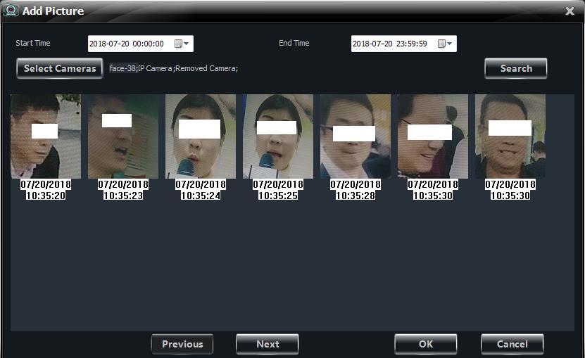 Add a face from snapshot gallery: Select cameras, target database and filter condition and then click search.
