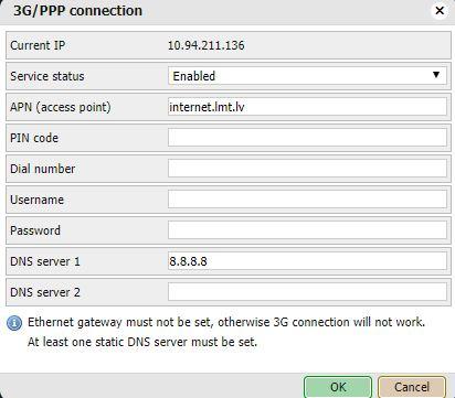 Setting up 3G modem In System configuration go to Network 3G/PPP connection. Fill required fields depending on your 3G operator settings, apply settings.