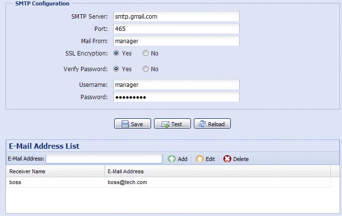 Function SMTP Server Port Mail From SSL Encryption Verify Password E-Mail Address List Test Description Enter the SMTP server address provided from your e-mail system supplier.