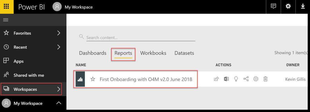 Select the workspace you published the report to from Power BI