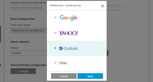 Configure the preferred e-mail service, then press Next. The following window is displayed: Enter the email address and port in the corresponding fields of this window.