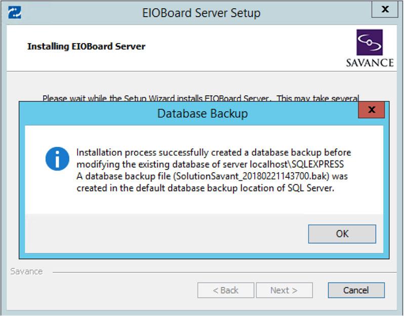 Hit Next and the install/upgrade will begin with a database backup: During install, the database will be automatically upgraded with the improvements made for this version of EIOBoard.