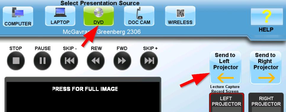 To Play and Display a DVD: Insert the DVD into the DVD Player located in the middle of the Media Rack by the wall (directly under the PC).