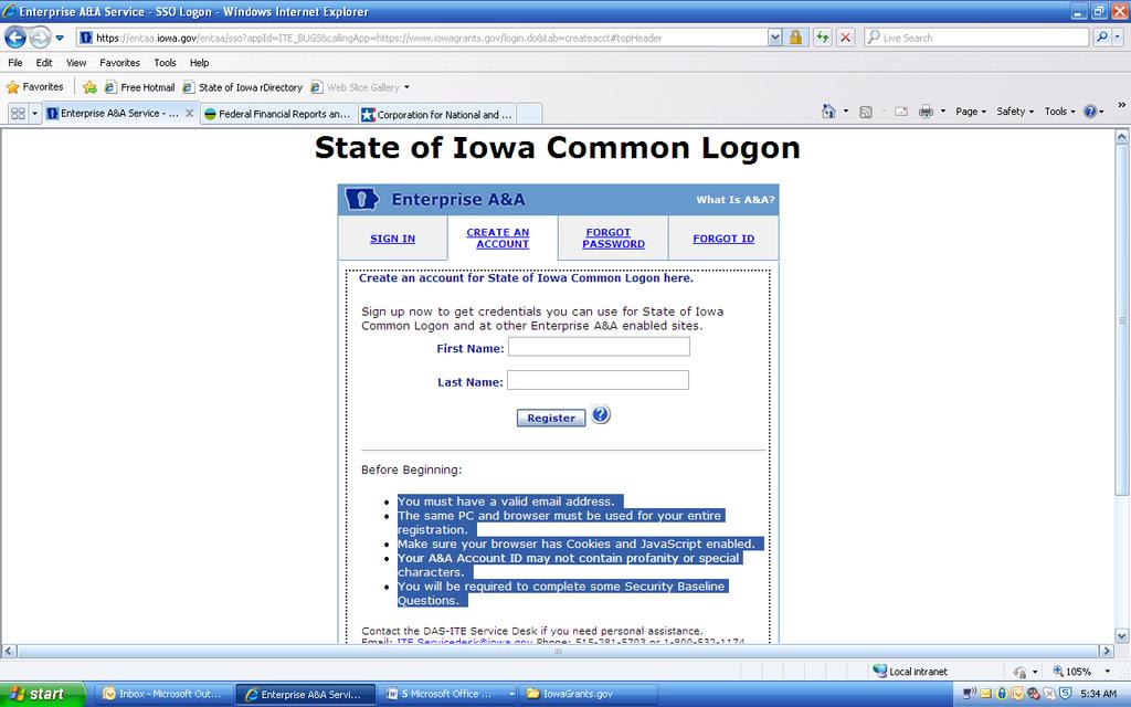 ACCOUNT ACTIVATION IN THE STATE S A & A SYSTEM 11. Click on Create an Account. Enter your first and last name.