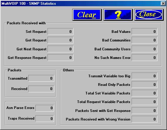 Chapter 7 - Using the MultiVOIP Software SNMP Statistics The SNMP Statistics dialog box provides statistical information on Simple Network Management Protocol (SNMP).