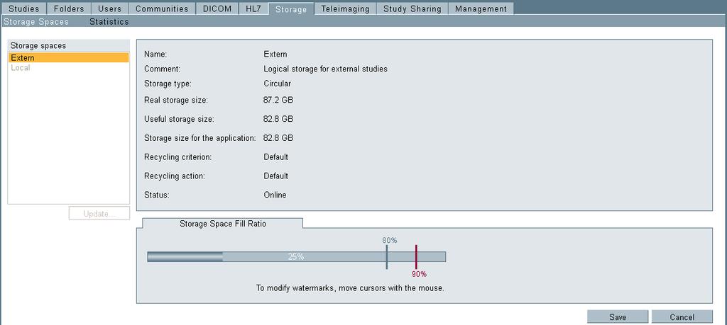 Manage Nexus storage spaces Nexus includes two separate storage spaces that store exams received from your institution DICOM applications and exams received from remote institutions respectively.