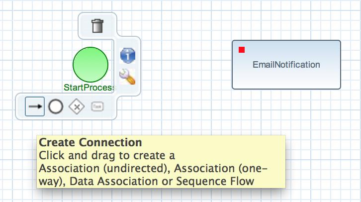 Add the newly added EmailNotification workitem from the palette into your process. Connect the Start Event to the EmailNotification by: a. b. c. hovering over the Start Event.