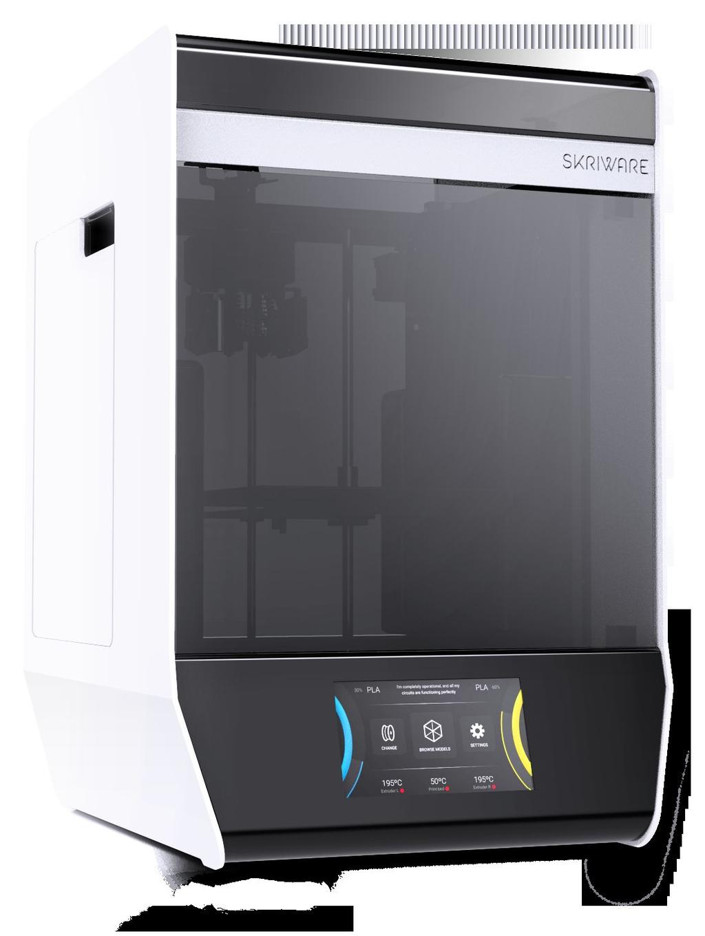SKRIWARE 2 Printer properties Printer control via full color 7 touchscreen Supported materials: PLA, ABS, PVA, PET, NYLON PLA, PET, FLEX, PVA, NYLON, HIPS, ABS and more Connection: Wifi and Ethernet
