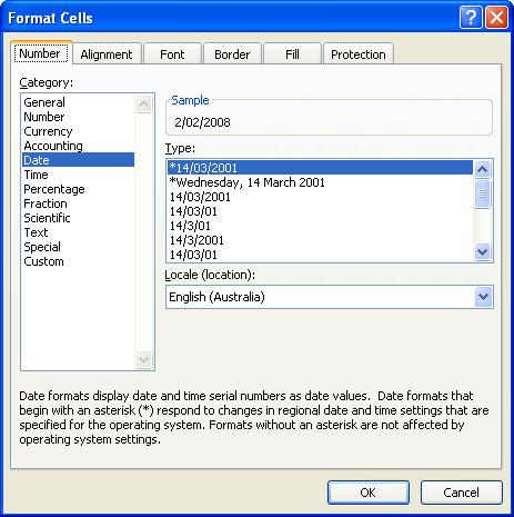 ECDL Module Four - Page 13 If you have time you can select a different type of date format, using the Type section of the dialog box. Press the OK button to apply any changes you make.