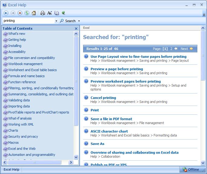 ECDL Module Four - Page 22 Click on the Search button next to the text input box. You will see a range of topics related to printing.