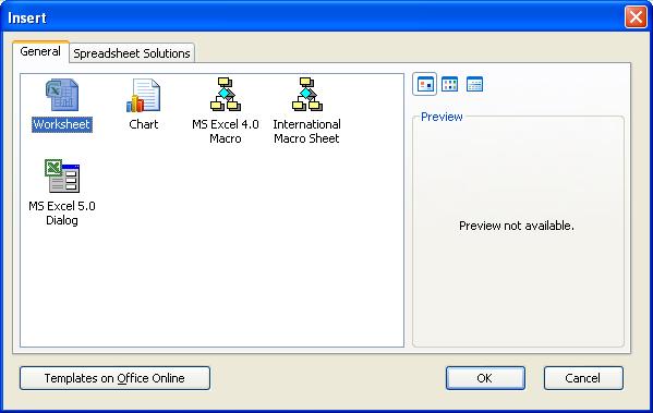 ECDL Module Four - Page 46 The Insert dialog is displayed. Make sure that the Worksheet object is selected within the dialog box.