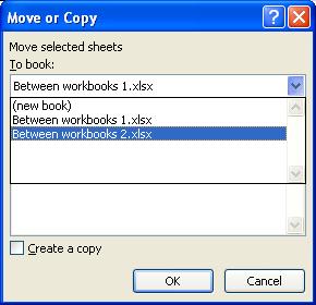 ECDL Module Four - Page 50 Click on the down arrow in the To book section of the dialog box. From the drop down list, select the workbook called Between wordbooks 2, as illustrated below.