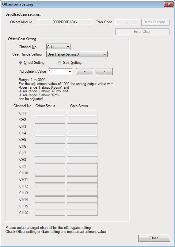 4. Specify the user range setting and channel where offset and gain values are to be set. 5.