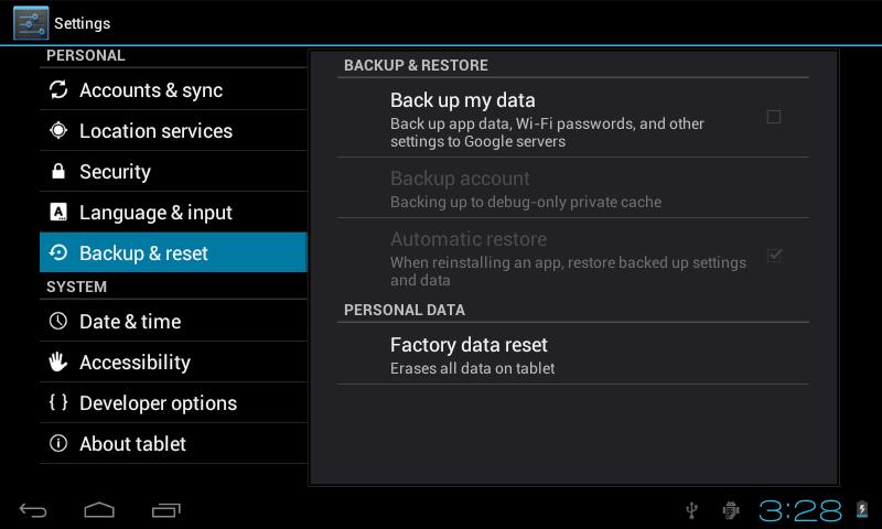 Backup & reset Option of for backup & restore, erase personal data.