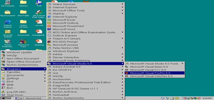 Fig. 4.3 : Visual FoxPro with Command Window Alternatively, you can invoke Visual FoxPro by clicking mouse on Start menu then click on Programs. Place the mouse on Microsoft Visual Studio 6.0.