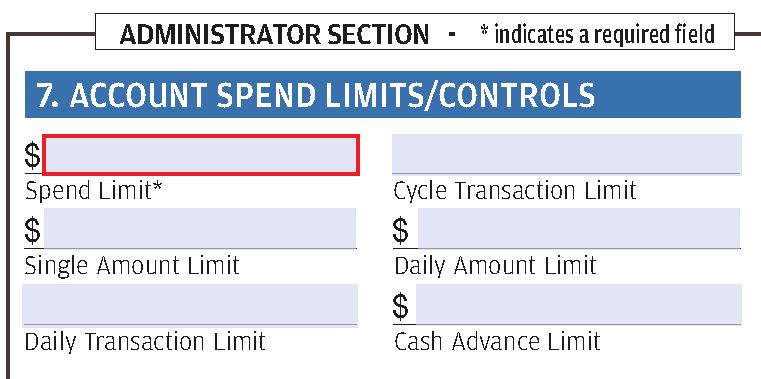 Note: Only numeric characters are allowed, and no punctuation may be used in these fields; they will automatically format. Spend Limit: Define the spend limit per cycle, between $1 and $9,999,999. d.