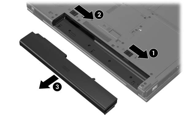 Battery packs To remove a primary battery pack: 1. Turn the computer upside down on a flat surface, with the battery bay facing you. 2.