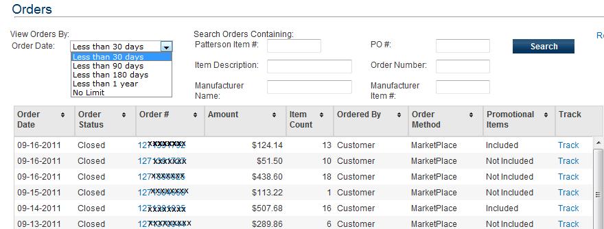 Orders Link The orders link (shown here) and Invoice link allow you to select the amount of history you would like to view, as well as filtering the list by Item number or description, Manufacturer