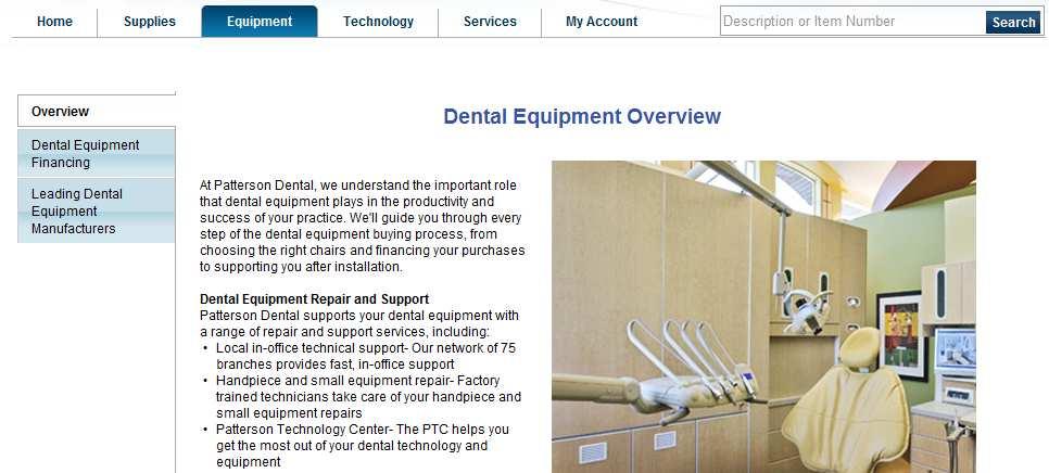 Equipment Tab This tab displays a Dental Equipment Overview and allow you to view additional information on Dental Equipment Financing and Leading Dental Equipment Manufacturers.