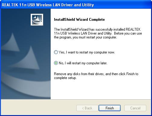 Step7 Click Finish to complete the installation. After installing the driver successfully, the shortcut icon of REALTEK 11n USB Wireless LAN Utility appears on the desktop.