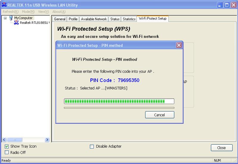 Step3 Within two minutes, enter the Pin code on AP, and then the Realtek USB wireless card connects to AP. 4.9.