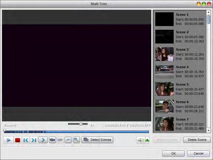 Trimming Video After adding files to Soft4Boost Split Movie you can detect the scenes and change the video clip cutting out the unnecessary parts in any place of the video clip using the MultiTrim
