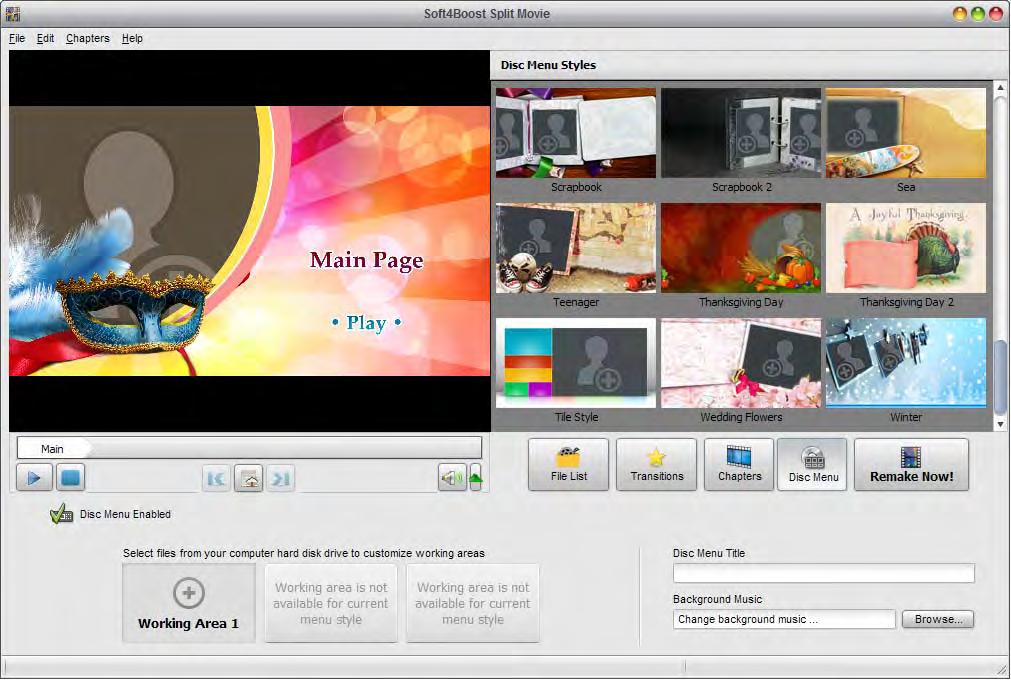 Creating Disc Menus Soft4Boost Split Movie allows you to create a single-level menu for your DVD or Blu-ray videos. To do it please proceed as follows: 1). Add chapters for your disc menu.