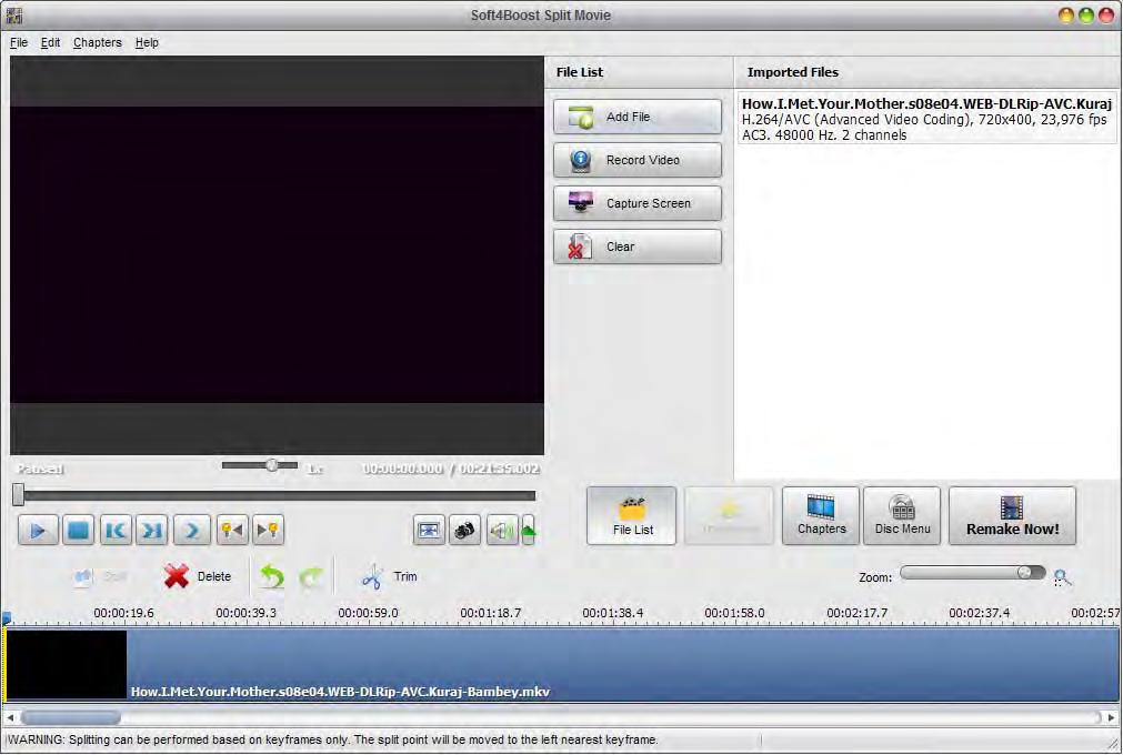 Program Interface The Main Window of the Soft4Boost Split Movie program comprises the following components: Main Menu - is used to get access to all the main functions and features of the program.