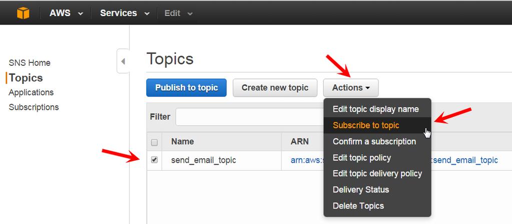 4.3.2 AWS SNS: Setup EMAIL Subscription to EMAIL Topic 44. Back at the SNS Topics page, check the box next to send_email_topic that has just been created 45.