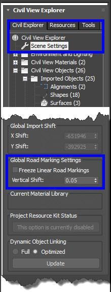 This is due to single byte precision and interpolation issues and can be corrected. 9. Click on Scene Settings in the Civil View Explorer dialog.