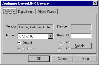 Device Subsystem Page Use the Device Subsystem page to tell DriverLINX the Model and Board Id of your KPCI-3160 board.
