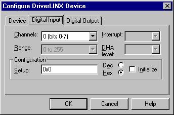Digital Input Subsystem Page Use the Digital Input Subsystem page to tell DriverLINX the Configuration Setup of the KPCI-3160 s digital input/output channels.