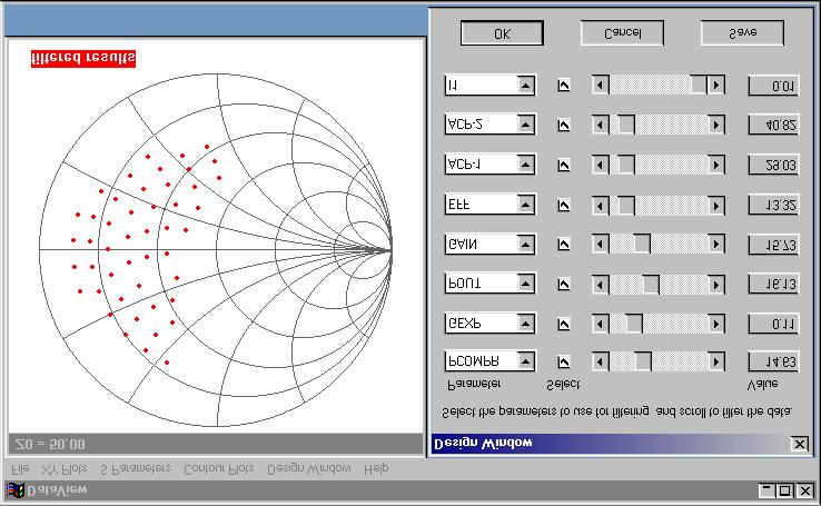 DesignWindow filters load pull data files and displays valid impedance points based on a multi-parameter mask.