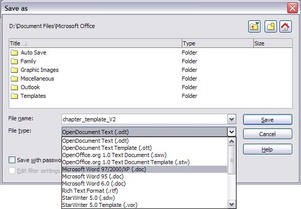 Tip To have OOo save documents by default in the Microsoft Word file format, go to Tools > Options > Load/Save.