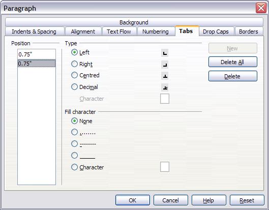 Figure 12: Ruler showing default tab stops Figure 13: The Tabs page of the Paragraph dialog Checking spelling Writer provides a spelling checker, which can be used in two ways.