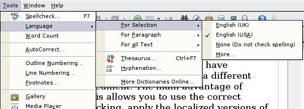 Figure 14: The Language menu The following options are available: For selection: select this option to apply a specified language to the selected text (the selection can comprise only a few