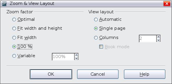 You can also choose View > Zoom from the menu bar to display the Zoom & View Layout dialog (see Figure 3), where you can set the same options as on the Status bar.
