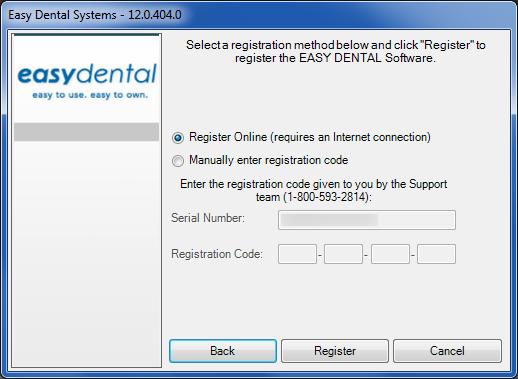Easy Dental 12.1 13 5. You have two registration options: register online or manually enter a registration code.